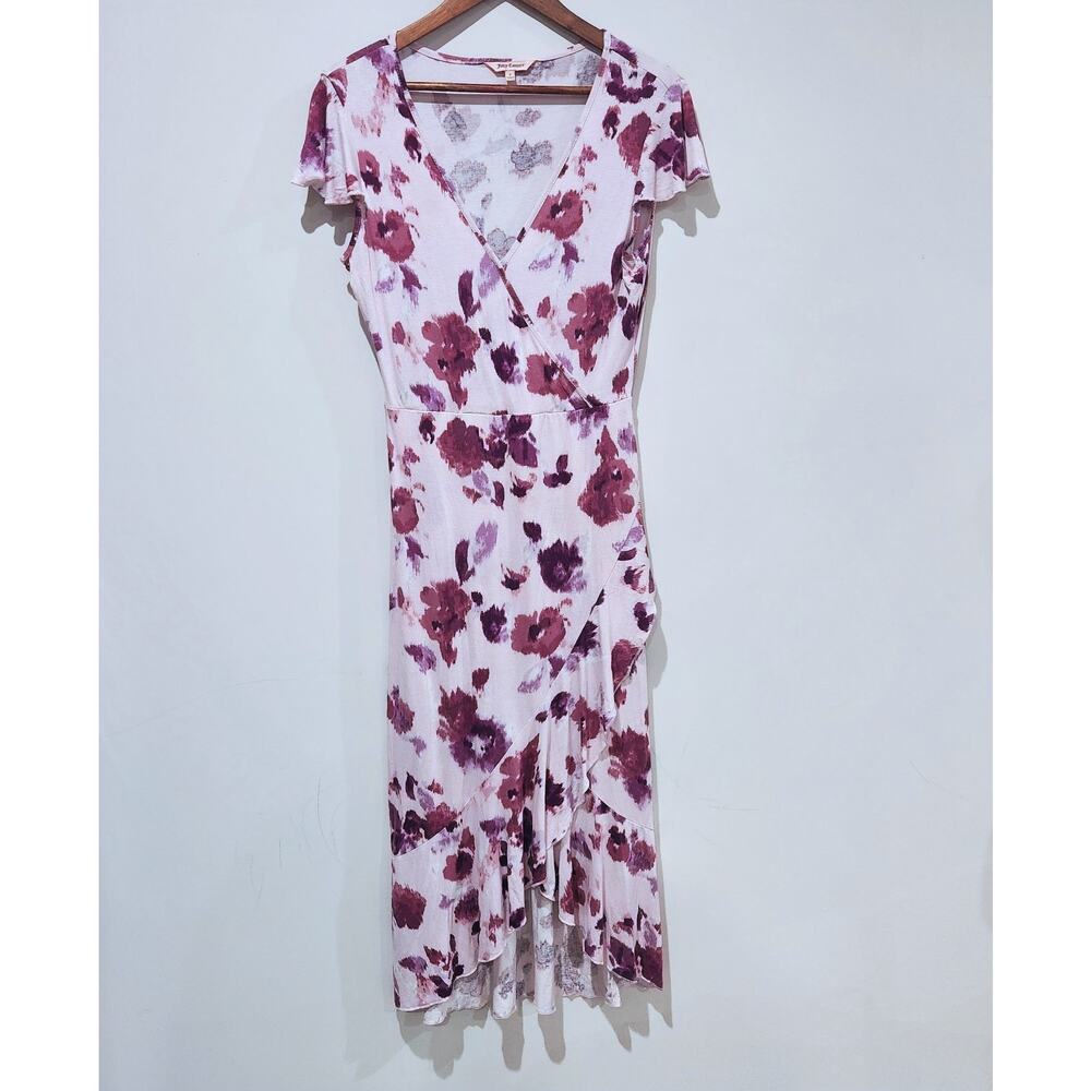 Juicy Couture Pink Floral Faux Wrap Midi Dress Size Small Ruffle Hem Wedding